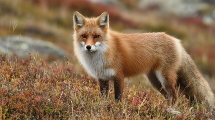 Fototapeta premium Majestic Red Fox Stands Alert Amidst Autumnal Tundra Foliage, Gazing Intently