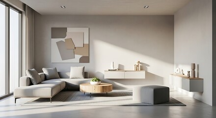 Contemporary open-plan living room with minimalist design and ample natural light, creating a serene and inviting home interior