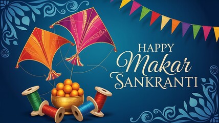 Happy makar sankranti celebration with colorful kites, sweets and festive decoration