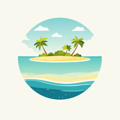 Scenic vista of a tropical atoll with clear waters and sandy shores under a bright blue sky