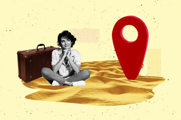 3D photo collage template trend artwork composite of young woman sit down sand baggage tourist...