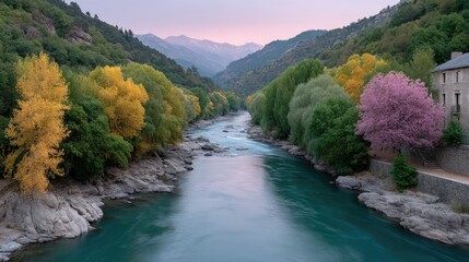 Scenic Valley River Flowing Through Lush Green Mountainside With Colorful Autumn Trees And Rocky Shoreline Under A Soft Twilight Sky