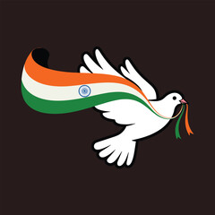 White dove flying with Indian flag colors ribbon in beak and tail against dark background. © MSTFERDOUS