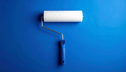 White paint roller tool on a bright blue painted background.