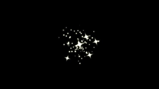 Twinkling cartoon stars and glitter FX, cartoon smoke bubble explosion, flat smoke bursts, smoke explosion, comic manga flashes, twinkling stars animation on black screen background. 4k loop video