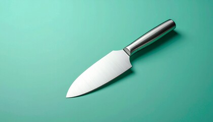 Fototapeta premium Professional Santoku kitchen knife with a steel handle on a teal background.