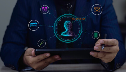 Businessman uses AI Command Hub, a personal assistant dashboard on a tablet, for centralized task management, including email, calendar, and data search.