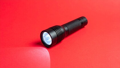 Modern black LED flashlight shining a bright light beam on a solid red background.