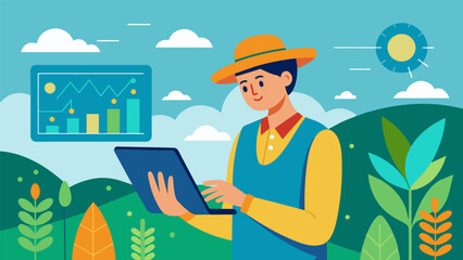 Fototapeta premium A farmer using a digital tool to assess realtime data on crop growth stages and predict optimal harvesting times.. Vector illustration
