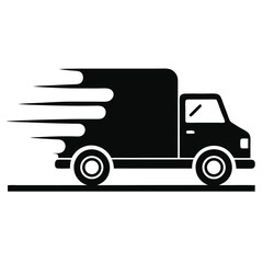The black delivery truck moves swiftly with speed lines behind its silhouette form