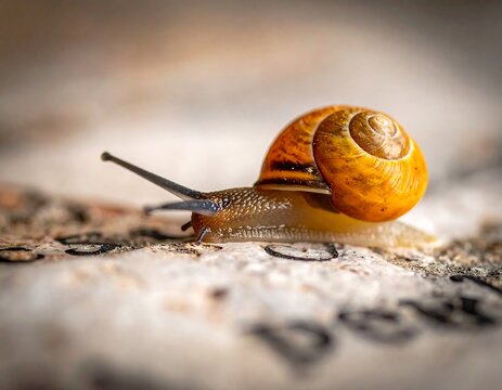 Close-up of a snail with a colorful shell, slowly moving forward - Powered by Adobe