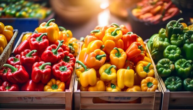 bell peppers are collected in wooden boxes at the market natural organic abundance of fruits the concept of agriculture healthy and natural nutrition banner