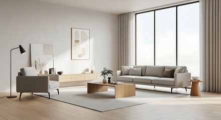 Spacious modern living room with minimalist decor, comfortable furniture, and abundant natural light streaming in