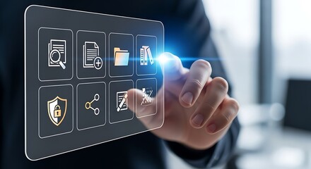 Digital interface with document icons and hand interaction technology data management