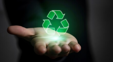 Glowing green recycling symbol held in open palm hand