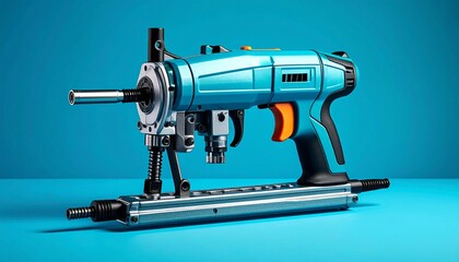Professional blue industrial power tool on a stand against a vibrant blue background.