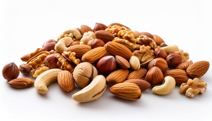 assorted mixed nuts scattered on white background