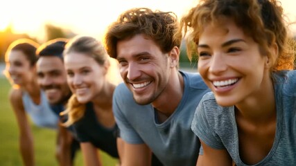 Group of friends doing outdoor bootcamp training on grassy field, laughing and motivating each other, warm evening light, teamwork fitness, group exercise, outdoor workout, motivat