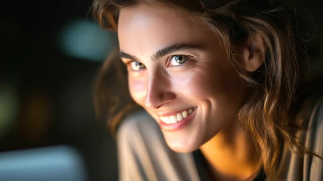 Young woman smiling during online therapy session on laptop, soft light from screen illuminating face, comfort and connection, digital counseling, telehealth concept, emotional sup