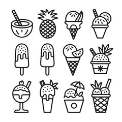 Collection of line art icons representing various ice cream and dessert treats, isolated on white background