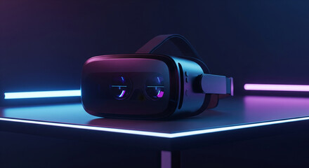 Futuristic virtual reality headset illuminated by vibrant blue and pink neon lights. Concept for immersive gaming, entertainment, and the metaverse on a dark background.