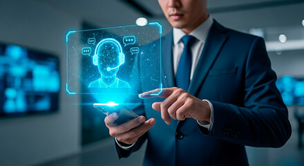 A man interacting with a holographic chatbot for the concept of customer service and tech.