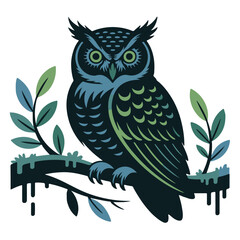 Detailed illustration of an owl perched on a branch with leaves, isolated on white background