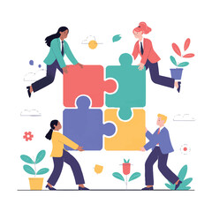 Diverse team of four people working together to assemble a large fourpiece jigsaw puzzle isolated on white background