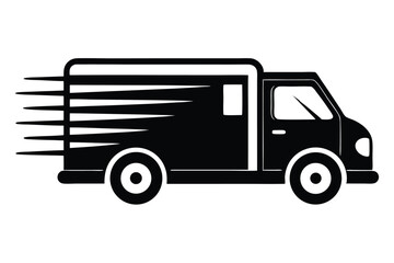 Black silhouette of a box truck speeding with motion streaks on a white backdrop