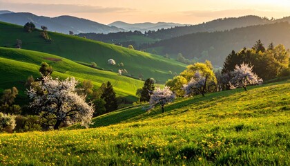 Obraz premium spring landscape with trees in the foreground and green hills covered by blooming flowers