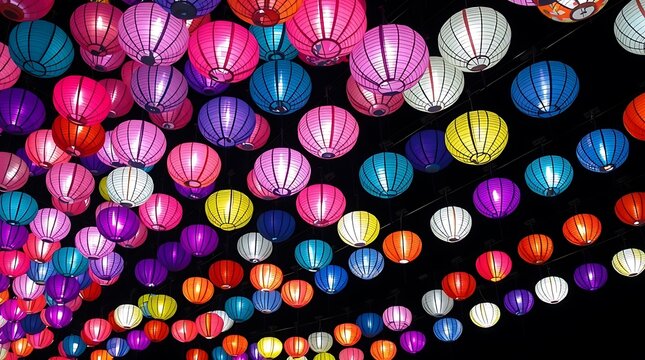 Vibrant array of illuminated paper lanterns creating a festive and colorful display overhead