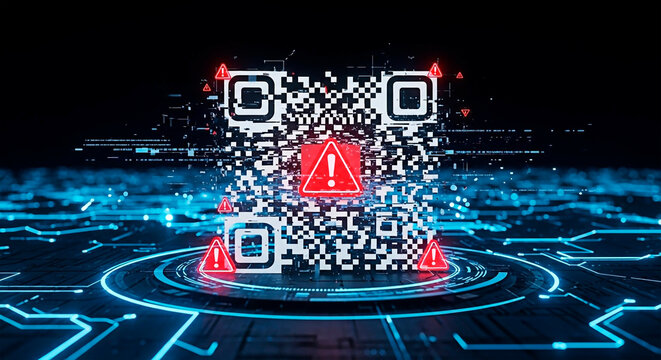 QR code with exclamation mark for the concept of Cybersecurity Warning.