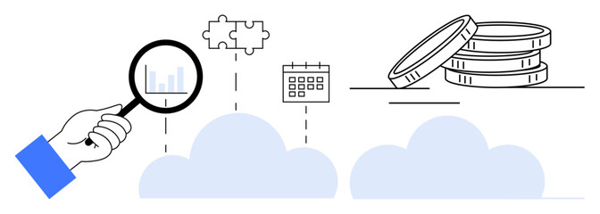 Hand holding magnifying glass examining growth chart above cloud icons, puzzle piece, calendar, and stacked coins. Ideal for analytics, planning, finance, technology, strategy research cloud