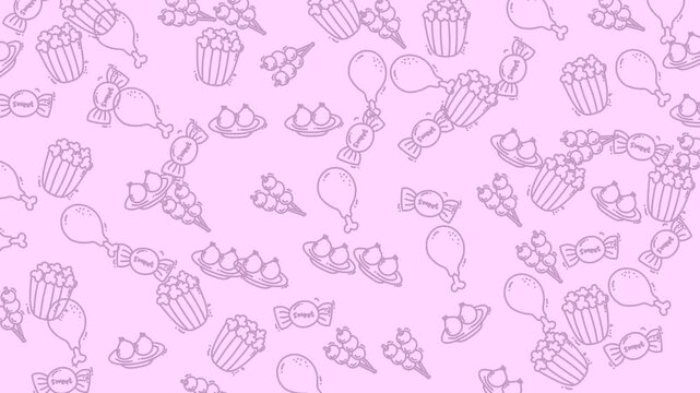 Playful Animated Doodle Pattern of Party Snacks and Treats.