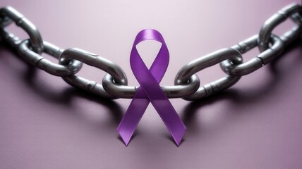 Purple awareness ribbon in front of a metal chain symbolizing a struggle. Domestic violence and abuse awareness concept. Symbol of support and hope for survivors