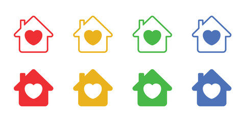Homes with Love: a collection of charming house illustrations, each adorned with a heartwarming heart symbol, painted in a spectrum of vibrant colors, symbolizing love and warmth.