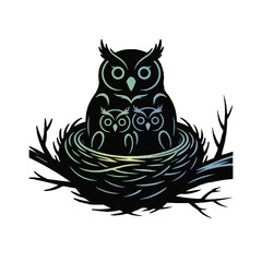 Family of owls in a nest on a branch, silhouette style