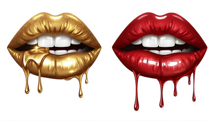 Golden and red dripping lips art beauty makeup glamour fashion design illustration vector graphic 3d on transparent background