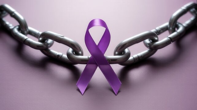Purple awareness ribbon in front of a metal chain symbolizing a struggle. Domestic violence and abuse awareness concept. Symbol of support and hope for survivors