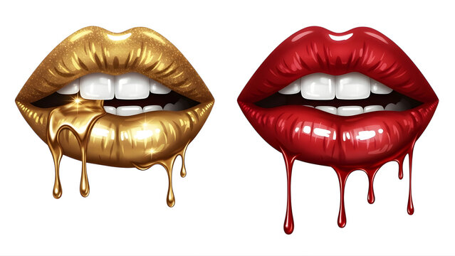 Golden and red dripping lips art beauty makeup glamour fashion design illustration vector graphic 3d on transparent background