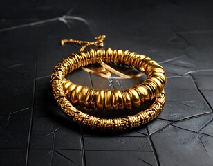 Close-up of two golden bracelets on a textured black surface