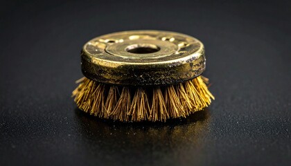 Circular brass wire brush wheel attachment for a power tool on a dark reflective surface.