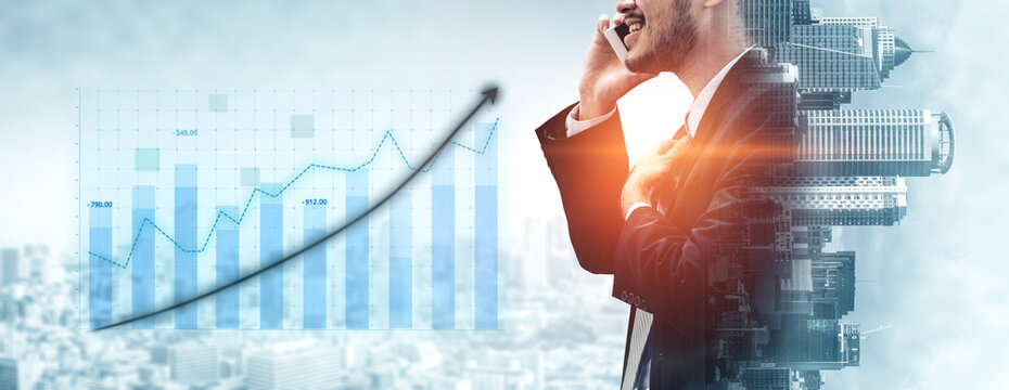 A professional businessman in formal attire engages in a phone conversation, set against a backdrop of growth graphs and a cityscape, symbolizing success. Impute