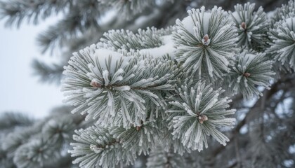 A detailed close-up of frosted pine branches covered in snow. Icy evergreen needles on a cold winter day. Natural Christmas holiday background