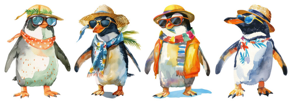 PNG Stylish penguins enjoy summer, element set on transparent background