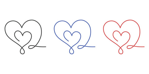 Connected Hearts: A delicate, continuous line art composition of three interconnected hearts, symbolizing love and togetherness, each rendered in a distinct hue, evoking warmth and connection.