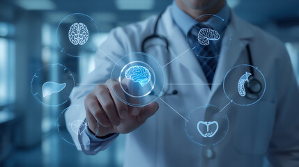 A doctor uses a stethoscope to navigate a futuristic virtual medical interface, symbolizing medical technology and innovation in a modern hospital setting.