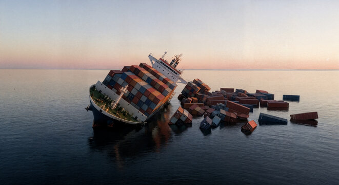 Fototapeta Cargo ship sinking, containers fallen off in ocean