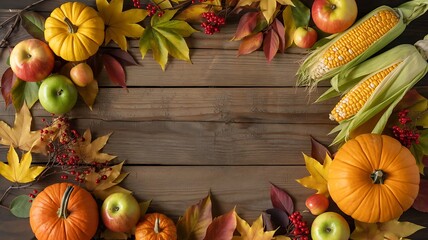 Autumn harvest frame with pumpkins, apples, corn and leaves on wood background