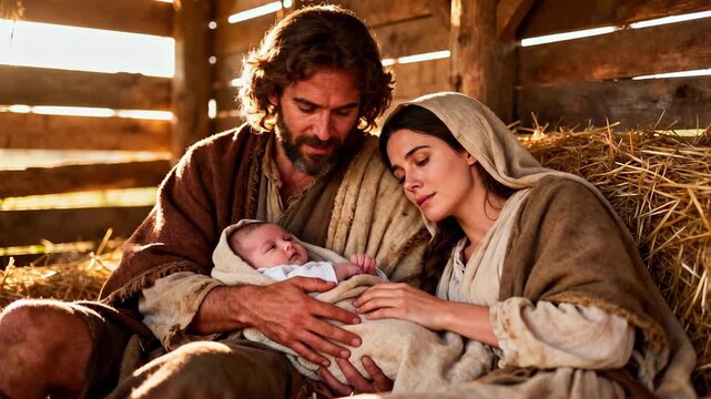 Peaceful family moment in rustic stable with newborn baby and loving parents